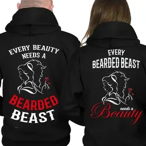 [Graphic Hoodie] Couple Matching Hoodies/T-Shirt - Bearded Beast And Beauty Couple Matching Outfits Hoodies Pullover for Women for Men, Perfect Gift