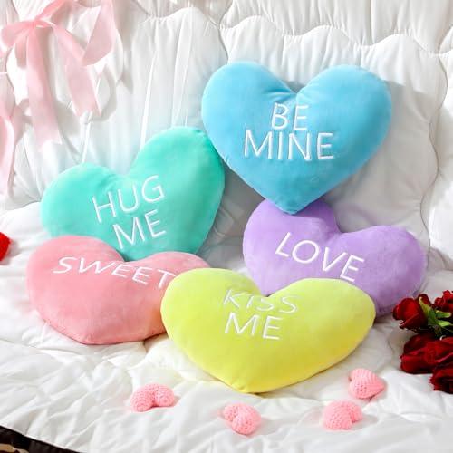 Valentines Pillows Gift 5 Pcs Heart Pillows with Love Letter Cute Plush Pillows Heart Shape Pillow Soft Throw Pillow with Romantic Atmosphere Conversation Gift for Couple Valentine's Day Party Anniversaries Dates for Home Living Sofa Bed Room Car Office