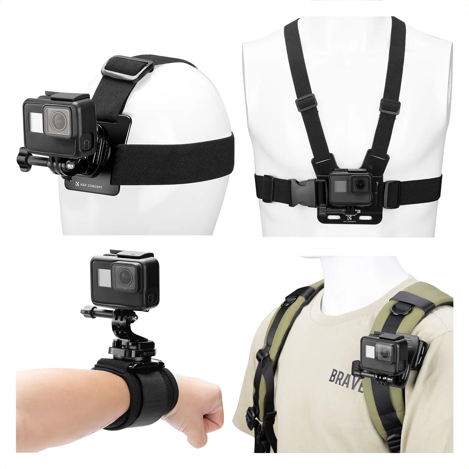 K&F CONCEPT Complete Adjustable Action Camera Accessories Complete Kit with Quickrelease, Rotatable 360-Degree Head Mount, Chest Harness, Backpack Clip, Wrist Strap for GoPro Hero 13-4, DJI Osmo Action/Pocket 3-2, Insta360 X5-X3 (Recording, Photography)