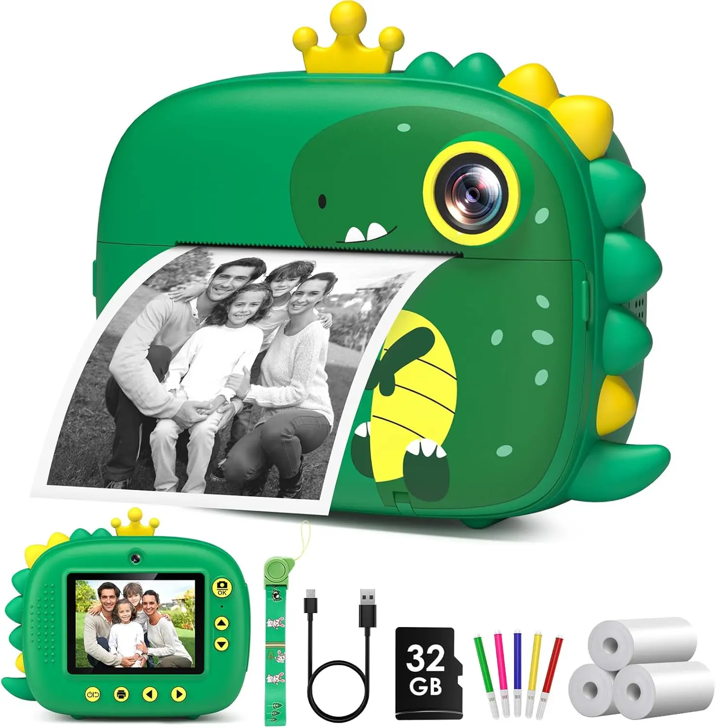 Camera  Print,Dinosaurs  Print Camera for ,Birthday Gifts for Boys,2.4-Inch/1080P with 32GB Card,Christams Birthday Gifts for Girls Boys  3-12