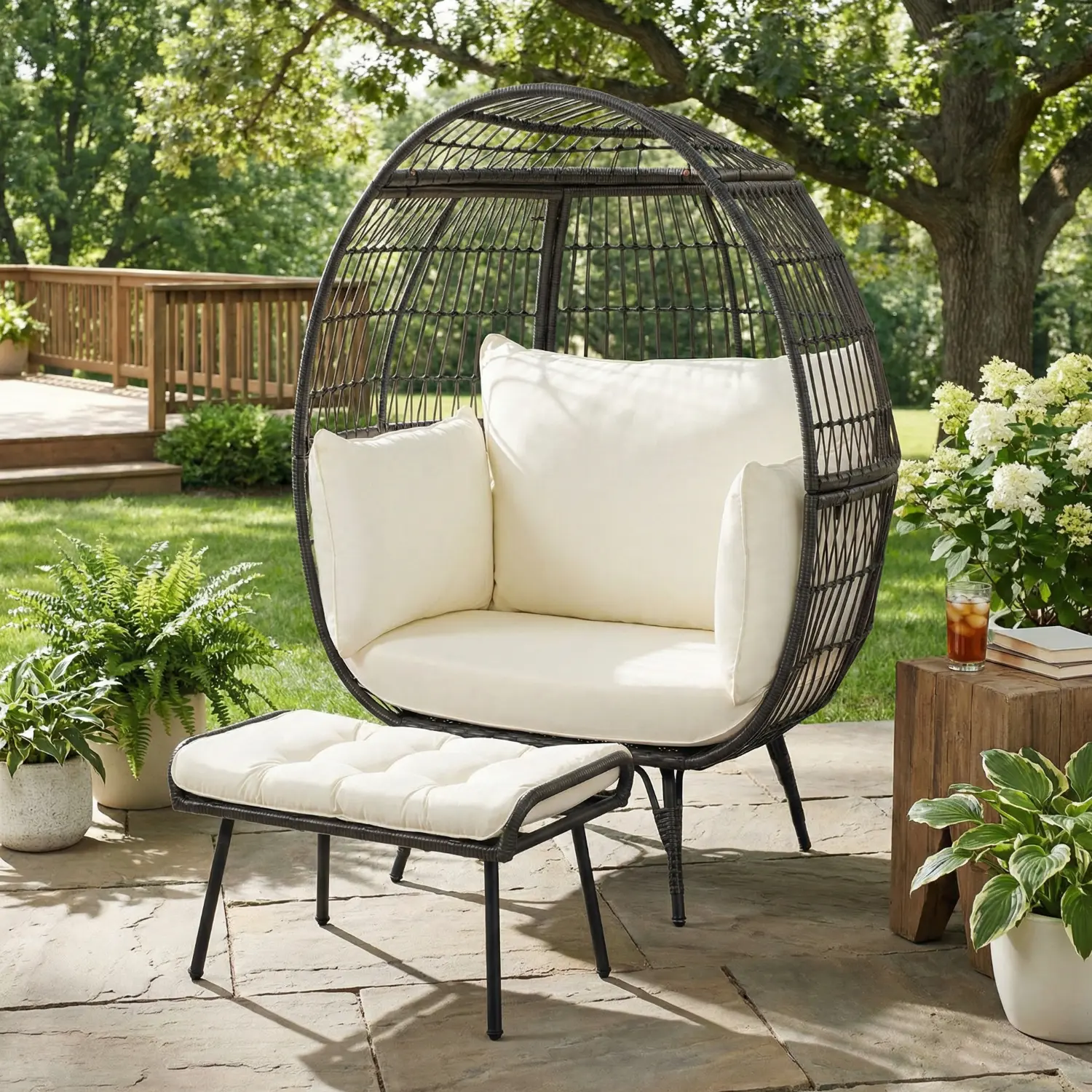 Spaco Oversized Egg Patio Swing Chair - Sturdy Wood Frame, Thick Cushions, Ottoman, 450 lbs Max Load, Adjustable, Easy Setup, Bohemian Decor, Indoor-Outdoor Patio Lounge Furniture, White