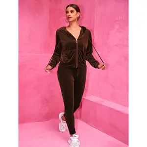 Joyfunear Women's Velvet Tracksuit Set: Hooded Zip-Up Jacket + Jogger Pants