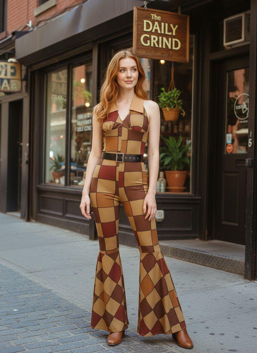 1970S GEOMETRIC PATTERN PATCHWORK HALTER JUMPSUIT Womenswear Overalls