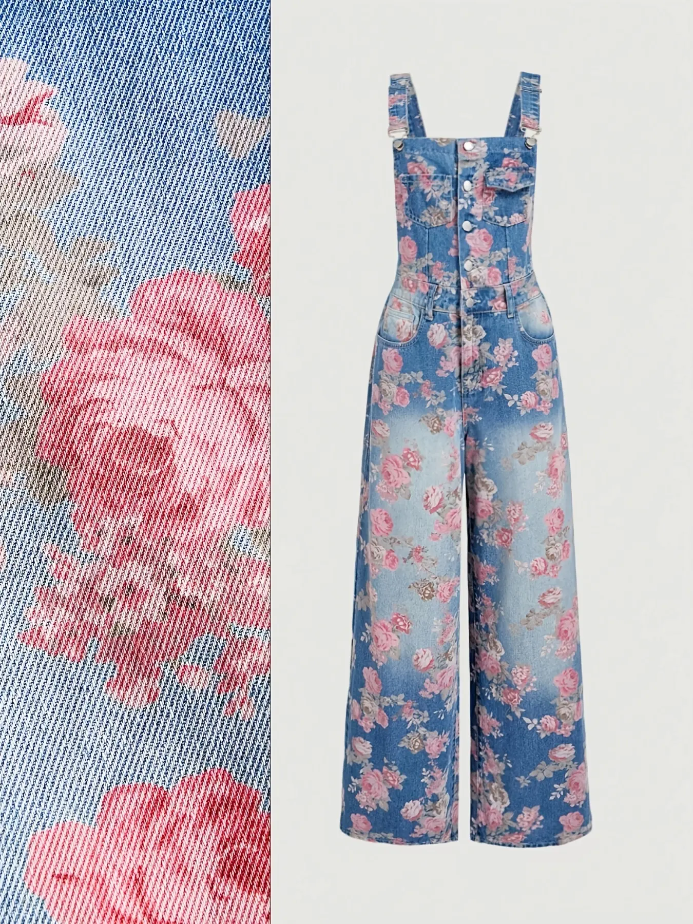 2025 Spring Summer Vintage Washed Gradient Blue Overalls, All-Over Pink Rose Floral Print, High-Waisted Fit, Adjustable Buckle Straps, Loose Straight-Leg One-Piece Elegant Fit Jumpsuit Elegance Style