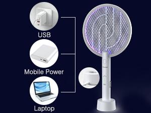 Portable Electric Fly Swatter, 2 IN 1 Bug Zapper, 3400V High Voltage Fly Trap，1200mAh Battery USB-C Rechargeable,3-Layer Safety, Indoor & Outdoor Use
