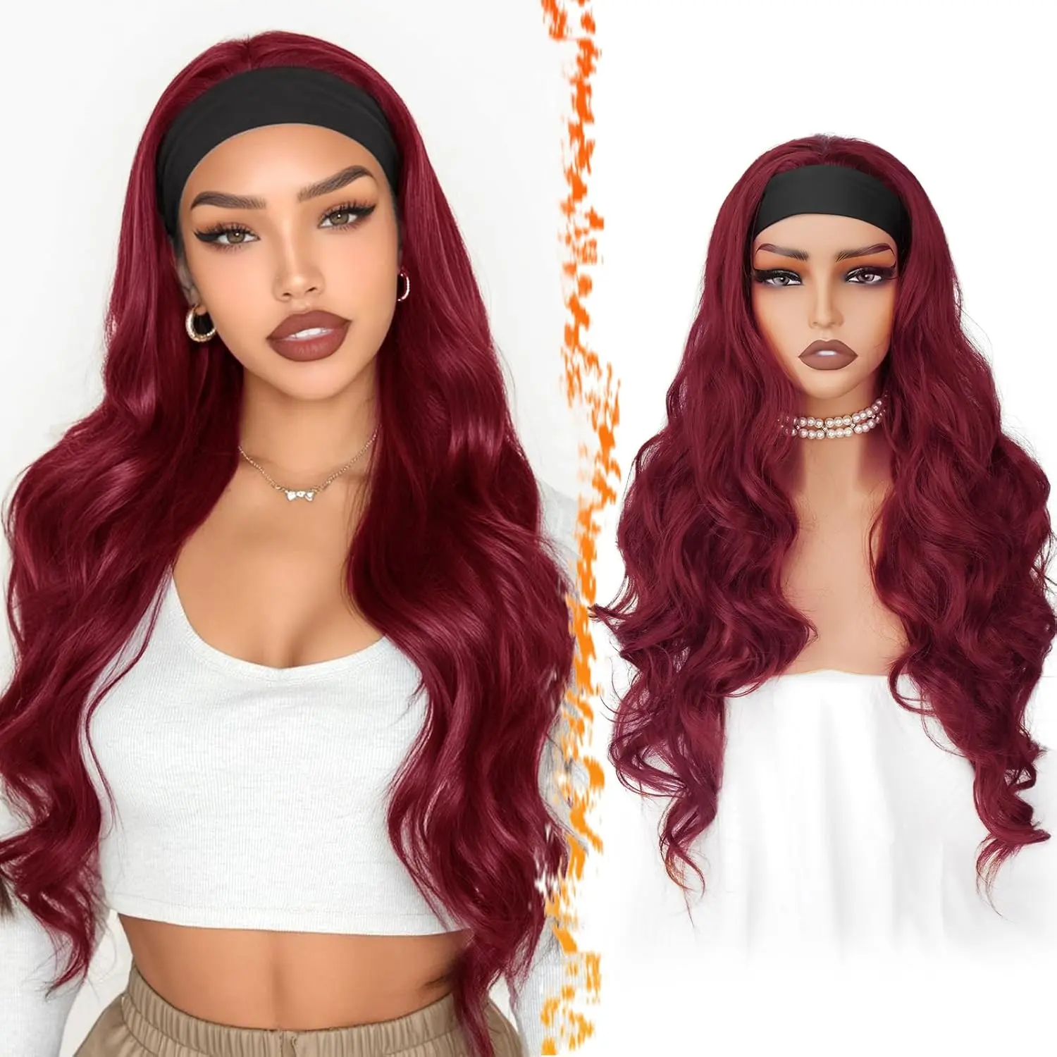 Long Wavy Burgundy Headband Wig - 26 Inch Burgundy Red Loose Body Wave Headband Wig for Women - Synthetic Wear and Go Glueless Soft Lightweight Natural Looking Easy Wear Wigs