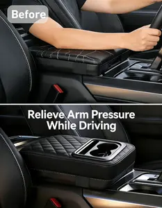 Car Center Console Armrest Cushion with Cup Holder & Phone Slot, Memory Foam Arm Rest Pillow Pad, Waterproof Leather Console Cover for Car SUV Truck