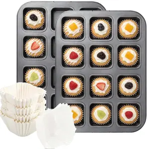 2 Pack Brownie Pan, Non-stick Bakeware for Bread and Loaf, Heavy Duty Carbon Steel Mini Muffin Pan, 12-Cavity