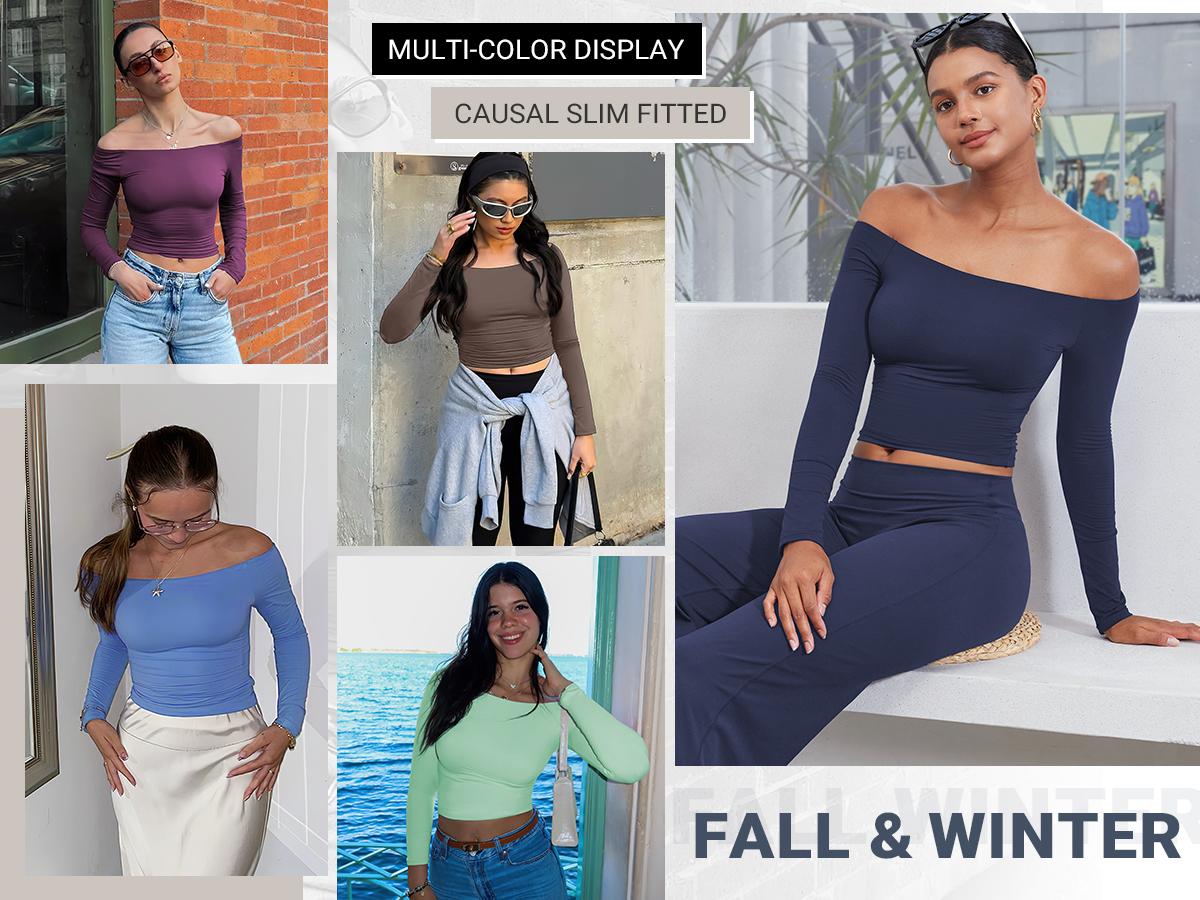 YEOREO Sophie Women Off Shoulder Long Sleeve Shirts Double Lined Basic Undershirt Y2K Going Out Tops Casual Cute Womenswear