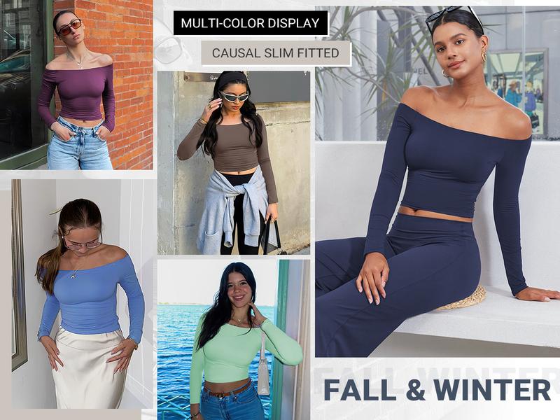 YEOREO Sophie Women Off Shoulder Long Sleeve Shirts Double Lined Basic Undershirt Y2K Going Out Tops Casual Cute Womenswear