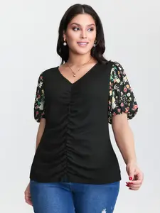 【Summer Turn-Up】BLOOMCHIC Plus Size Colorful Floral Print Ruched T-Shirt [M-6X] 2026 Summer Vibes Swimweek,Summer wins,Deals for you days