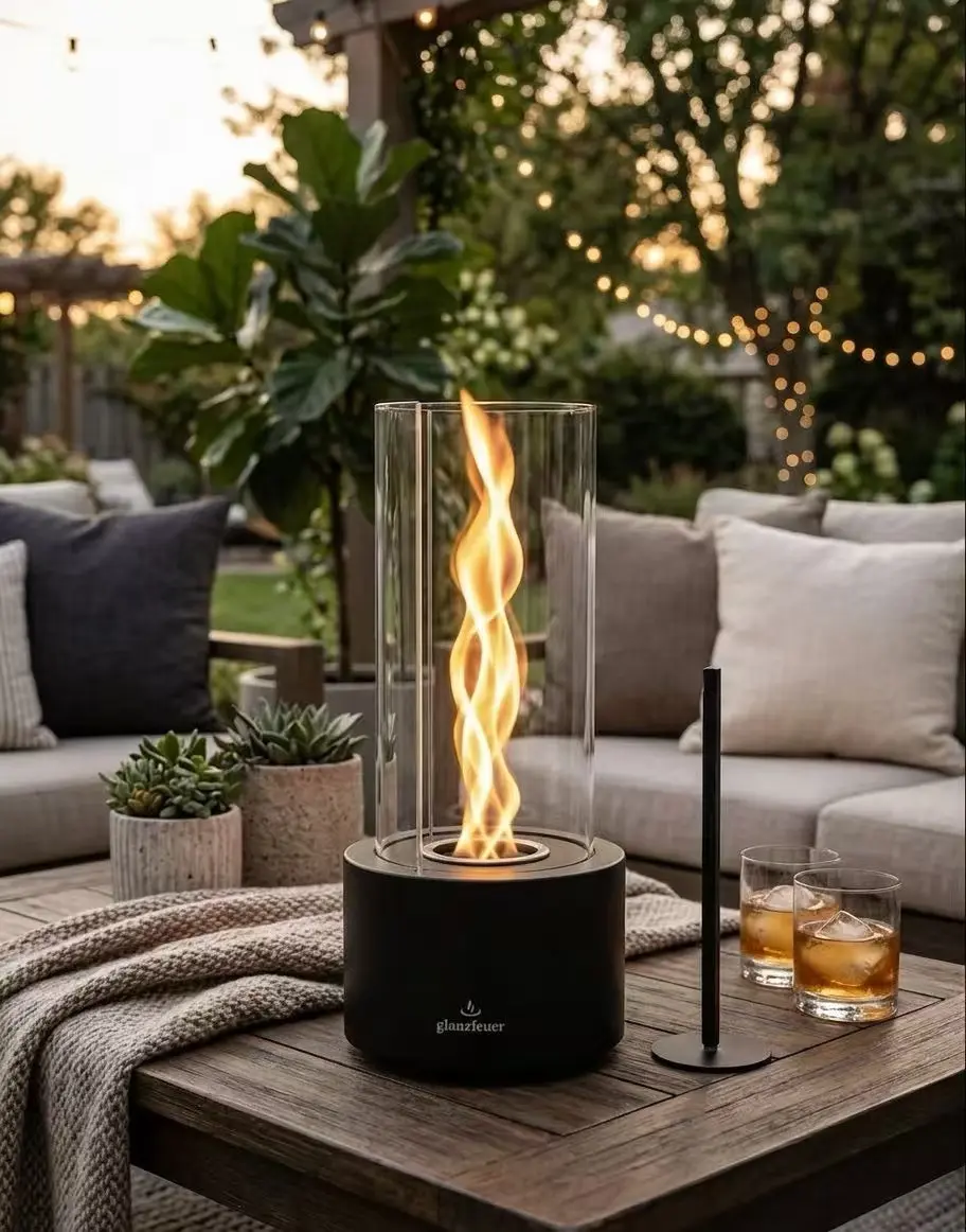 Matte Black Modern Tabletop Outdoor Fire Pit - 3-Piece Glass Cylinder Portable Smokeless Eco-Friendly Dual-Use Bioethanol Fireplace Bowl, Decorative Home Decor for Outdoor Heating & Quiet Evenings
