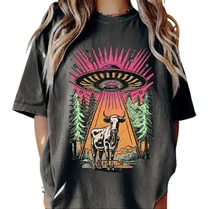 UFO Cow Abduction Comfort Acid Wash T-Shirt, Gameday Doodle  Tee, Trendy Women's Animal Shirt, Game Day Tee, Vintage Style Graphic Design T-Shirt, Vintage Baggy Style Streetwear Tops
