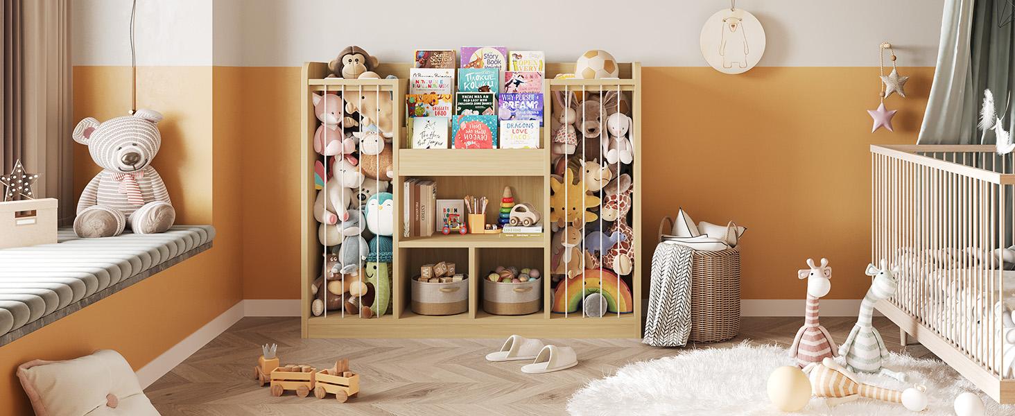 ONBRILL Two Wooden Stuffed Animal Storage, Toddler Toy Storage Organizer with 4-Tier Kids Bookshelf and 3 Open Cube Shlef, Multifunctional Bookcase for Kids Rooms Playroom Nursery ONBRILL Two Wooden Stuffed Animal Storage, Toddler Toy Storage Organizer with 4-Tier Kids Bookshelf and 3 Open Cube Shlef, Multifunctional Bookcase for Kids Rooms Playroom Nursery