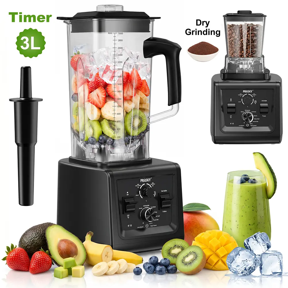 Prasky PRO 3L (102oz) Plastic-Metal Blender with Timer Control - 2400W Motor, 25000 RPM, 2 BPA-Free Containers, Ice Crush, Nut Butter Prep, Smoothie Mixer, Protein Shake Maker (TikTok Shop Back to School), Protein Shake Blender