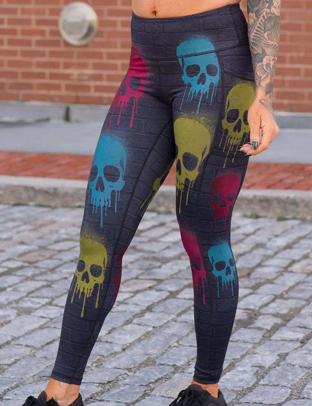 C V G Rebel Women's Skull Print Leggings - High Waisted, Full Length Polyester Mix Yoga Wear with Side Pockets, Elastic Stretch, Sporty Chic, Soft Fabric