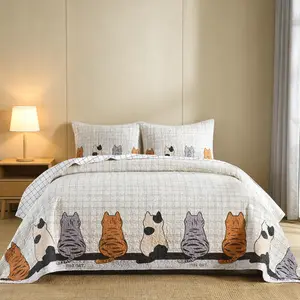 3 Pcs  Cat Print quilt set king size, Soft Reversible Bed Cover All Season