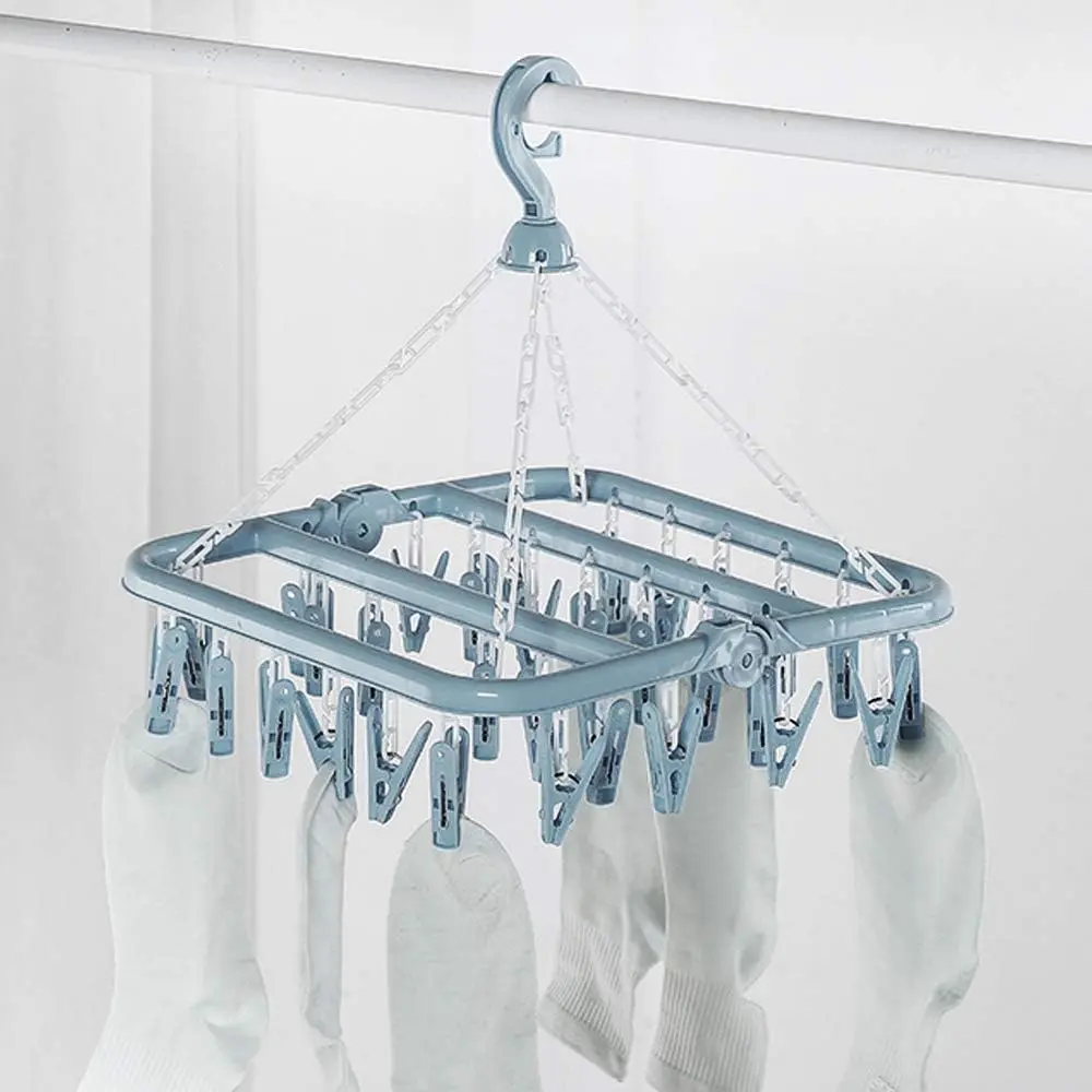 Multifunctional Folding Clothes Drying Organiser Hanger - Light Blue, 32-Clip Fast Hang Resin Clips, Adjustable Hook Fit, Non-Rusting Wire Springs, Dries Clothing Great for Laundry Day