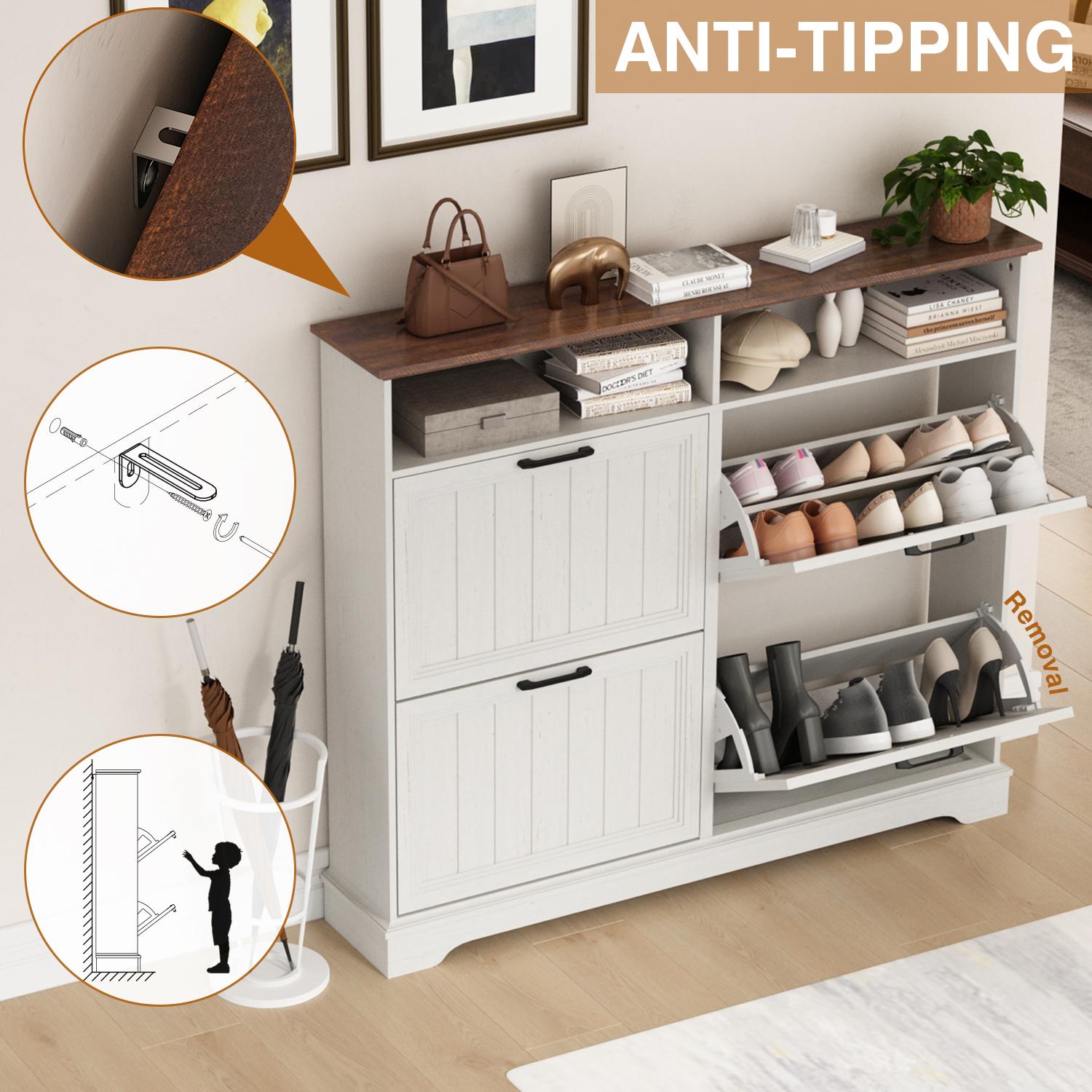 PieDle Shoe Storage Cabinet with 2-4 Flip Drawers, 24" W Farmhouse Modern Hidden Shoes Rack with Adjustable Shelves & Open Storage, Narrow Slim Shoe Organizer for Front Door Entrance, Entryway