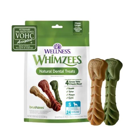 WHIMZEES by Wellness Brushzees Dog Dental Chews, VOHC Accepted, Helps Reduce Plaque & Tartar, Fresh Breath, Natural Grain Free Dental Treats for Small Dogs 15 to 25 lbs, 24 Count
