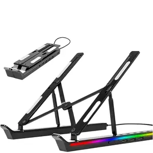 Desk-Mounted Laptop Stand Featuring a Docking Station, 4-In-1 Connectivity (1 USB-C, 3 USB-A), RGB Lighting, Foldable Design for Portability, And Adjustable for Laptops And Tablets Ranging from 12 to 18 Inches in Size, Available in Black