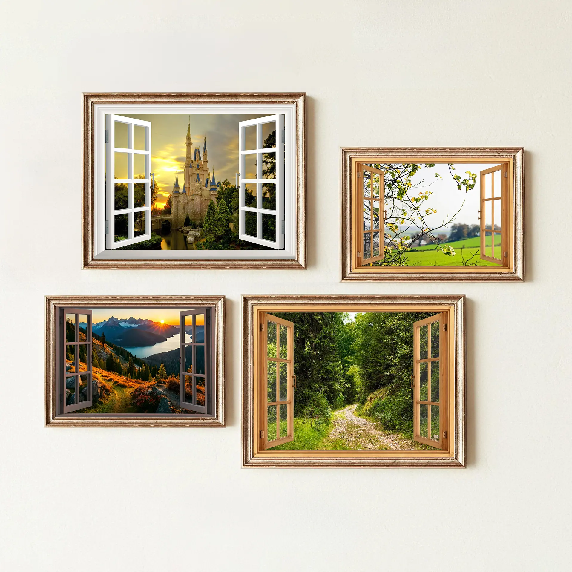 Forest Fake Window Wall Art Print Poster, Open Window Wall Decor, Forest Castle Lawn Forest Sunset Poster Print Nature Inspired Home Decor