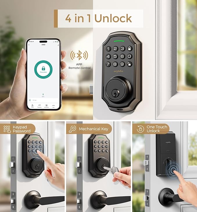 ARPHA D180 Keyless Door Lock with 50/100 Codes, Smart Lock with Anti Peeping Password, Keypad Deadbolt One Touch Locking, Auto Lock, Easy Install.Multiple styles to choose from, APP version&no APP version; With door handle&without door handle
