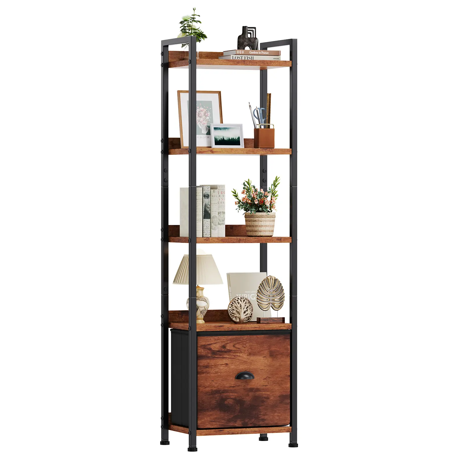 Sweetcrispy Modern Slim Rustic Wood-Metal Bookshelf with Soft Close Fabric Drawers - Tall Narrow Books Organizer, Living Room Furniture for Small Room Ideas, Nursery, Home Library Storage, Shelf, Room Storage