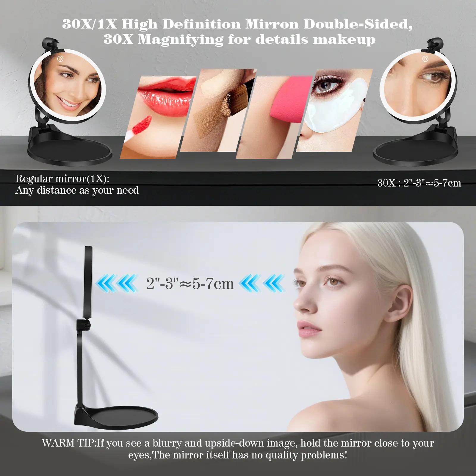 6-inch Cosmetic Magnifying Mirror with Base And Stand,1X/30X Double-sided LED Lighted Portable Mirror; FoldableAnd Adjustable Travel Mirror; for Business, Travel And Dates;Rechargeable Large-capacity Mirror; for Daily Makeup, SkinCare