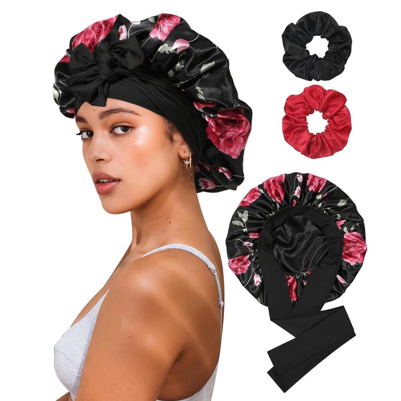 Double Layer Satin Bonnet for Sleeping Cap Women Reversible Hair Bonnets with 2PCS Hair Scrunchies Elastic Tie Band Nightcap Gifts for Women