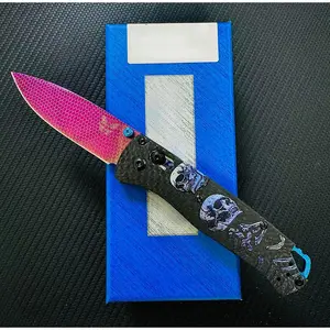 535 Folding Knife, Carbon Brazing Handle, 3D Printed Skull Layers, Laser-Etched Pattern Blade, Vacuum-Coated Titanium Purple-Red Finish, High Hardness Damascus Steel Blade, Outdoor Utility EDC Daily Carry Small Tool Set