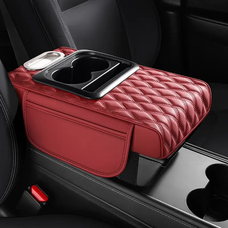 Leather Car Armrest Cushion, Auto Interior Stowing & Tidying Accessory - Multi-Functional Pad with Cup Holder, Tissue Slot, Storage Space for Road Trips, Long Drives, Less Arm Strain at Bubble-Tea Price, Road Trip