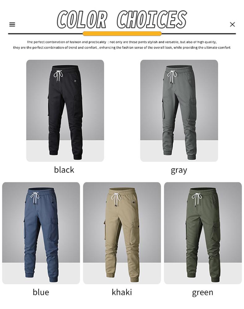 Men’s lightweight cargo pants for spring/summer/autumn — outdoor long pants with multiple pockets, featuring a belt loop closure and a no-zip, non-stretch design; suitable for work (solid color); machine washable.