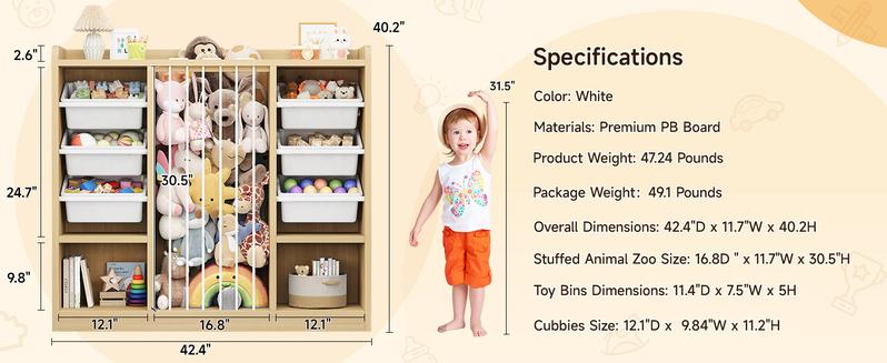 ONBRILL Toy Storage Organizer with 6 Removable Plastic Bins, Toddler Stuffed Animal Storage, Toy Box Cabinet with 2 Open Cubbies, Book Shelf for Kids Room Playroom Bedroom Nursery