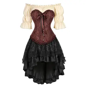 Fashionable 3PC Corset Outfit Women Gothic Steampunk Pirate Plus Size Blouse Skirt Set Perfect for Halloween Gothic Party 819/6505/7056