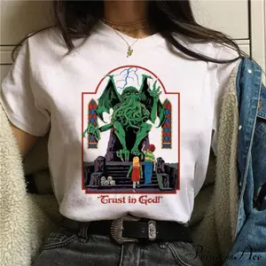 Vintage 80s Retro Horror Graphic Tee - Trust in God Cthulhu T-Shirt - Funny Dark Humor Aesthetic Shirt - Oversized Streetwear Top