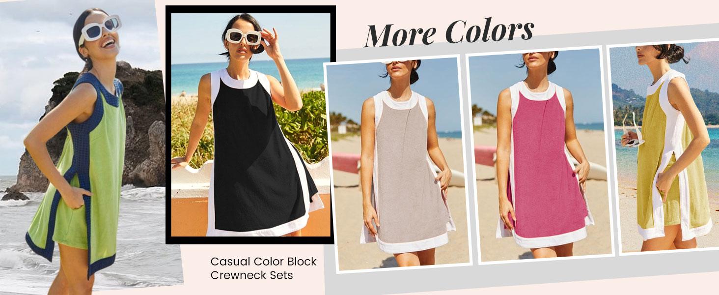 Tanming Women's 2 Piece Sets Casual Color Block Crewneck Short Sleeve Pullover Tops Matching Shorts with Pockets Lightweight Activewear