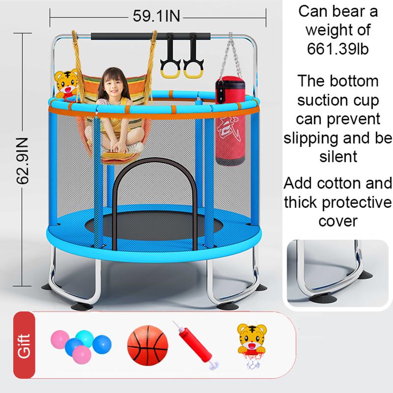 60" Trampoline for Kids with Safety Net, Indoor & Outdoor Toddler Trampoline with Swing, Adjustable Gym Bar & Basketball Hoop, Fun & Active Play for Boys & Girls
