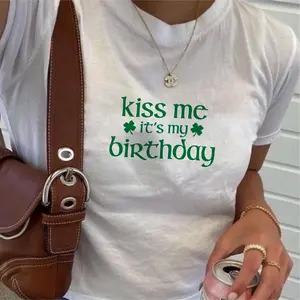 Kiss Me It's My Birthday Baby Tee - St. Patrick's Day Fitted Y2K T-Shirt, 90s Style Bday Irish Shirt