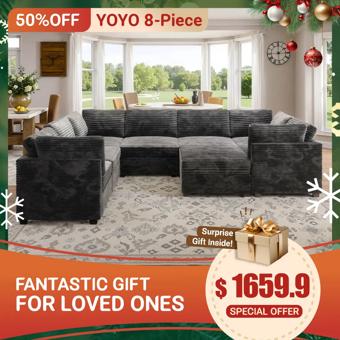 【8 Packages Shipping】Ovios 130.7" Modular Sectional Sofa Couch, U-Shaped Minimalist Couches with Sofa Bed Chaise, L-Shaped Modern Deep Seat Cloud Plush Corduroy Sofas with Ottoman Set for Living Room, 8 Seater
