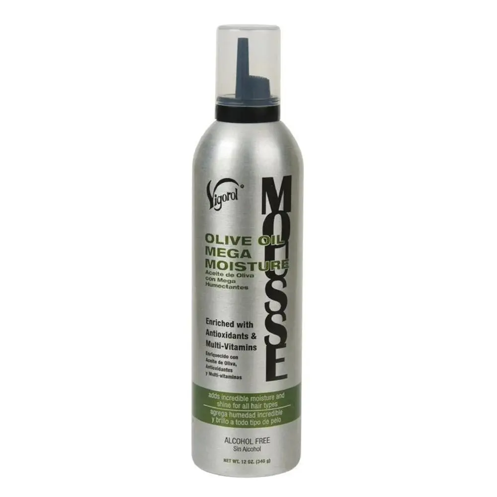 Vigorol Moisturizing Olive Oil Mega Moisture Mousse, 12 oz Haircare Foam with Antioxidants, Multi-Vitamins, Daily Styling Product for Chemically Treated Hair