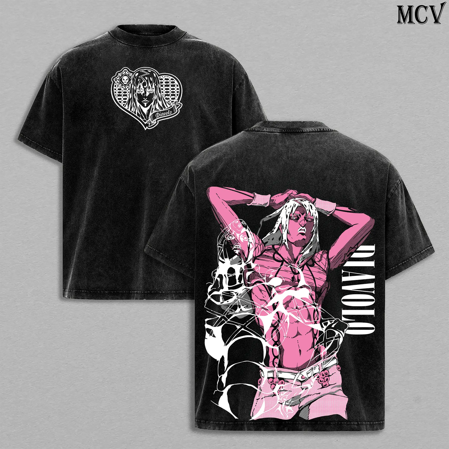 Mens Diavolo Washed Classic Soft Seamless Shortsleeve Apparel - JoJo’s Bizarre Adventure Golden Wind King Crimson Stand Time Erase Anime Manga Graphic Double Printed Heavy Cotton Unisex Oversize Streetwear T-Shirt