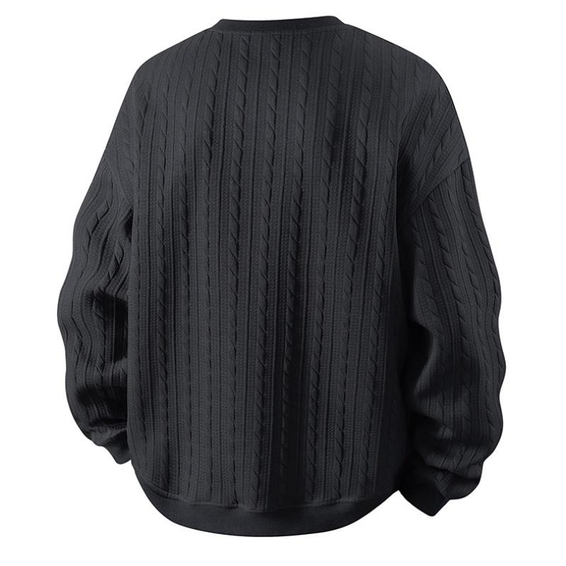 Men's Jacquard Cable Knit Round Neck Sweatshirt, Solid Color Casual Loose Long Sleeve T-Shirt, Made from High-Quality Fabric, Comfortable Base Shirt, Suitable for Home Wear and Everyday Use, Plus Size Sports T-Shirt