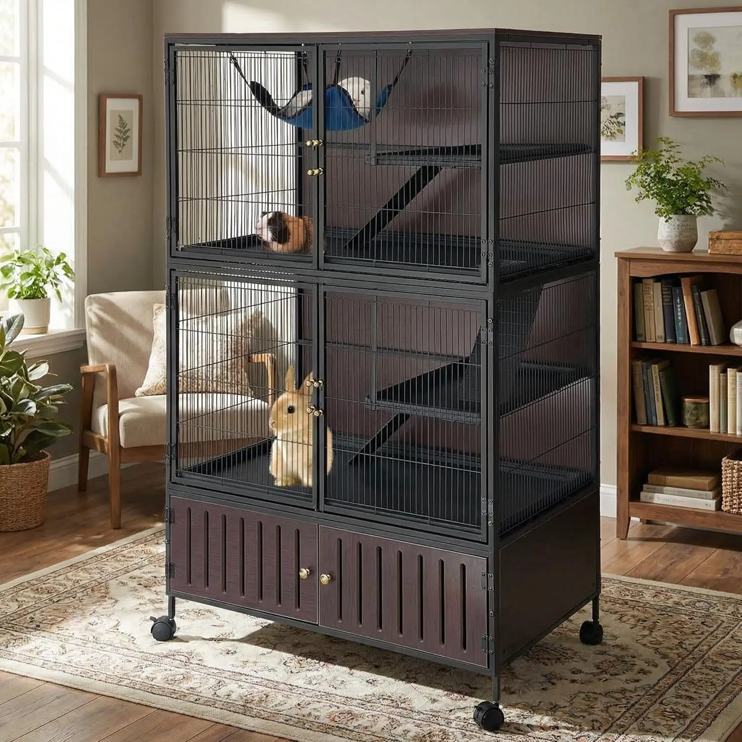 60" Large Ferret Cage, Multi-Level Small Animal Cage with 4 Universal Wheels, Mobile Pet Mansion with 3 Metal Ramps & Comfort Hammock, PP Pull Out Trays & Storage Cabinet, Chew Resistant Habitat for Chinchilla Rabbit Guinea Pig Indoor Pet Living House