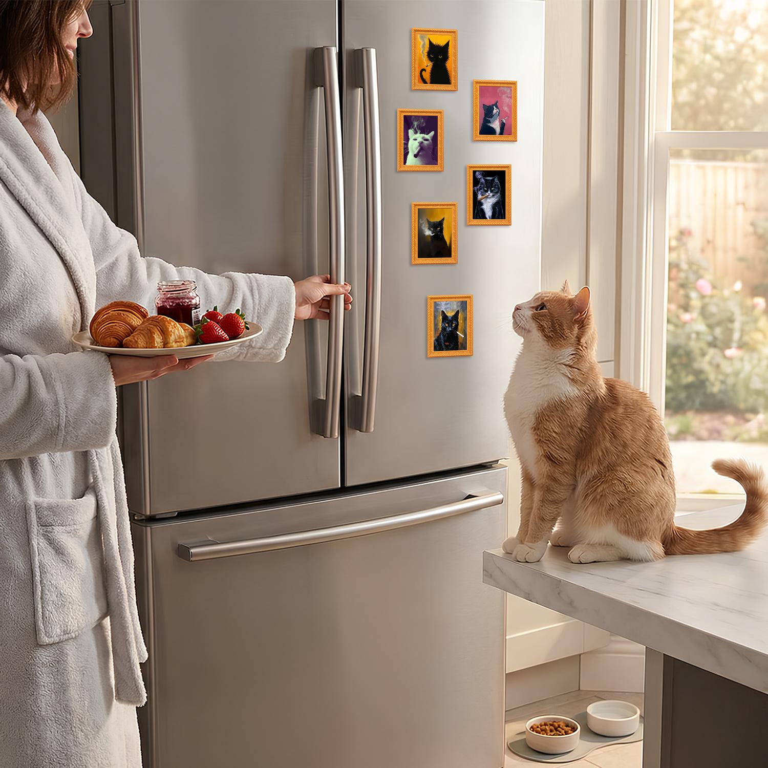 Cute Cat Refrigerator Magnets, Adorable Black & White Cat Design, Funny Wooden Rebellious Cat Smoking Art Print Fridge Magnets, Strong Magnets Refrigerator for Home Kitchen Office Decor