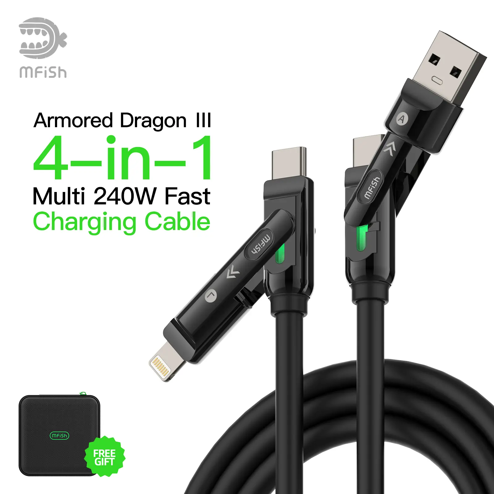 mfish Armored Dragon 3 4-in-1 Liquid Silicone Alloy Charging Cable - 240W Fast Charge, 6.6ft, Case-Friendly, USB-C/Lightning, LED Indicator, for Multi-Port Chargers, Mobile Devices, Laptops, Charging Cables