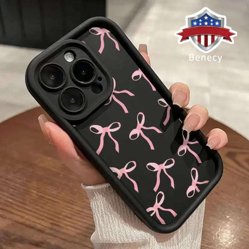 Pink Bowknot Pattern Silicone Protective Casing for iPhone 17 Pro Max,16,16e,15,14 Plus,13,12,11,Air,XR,X,XS - Shockproof, Drop-Protection, Rugged, Durable Mobile Phone Accessories