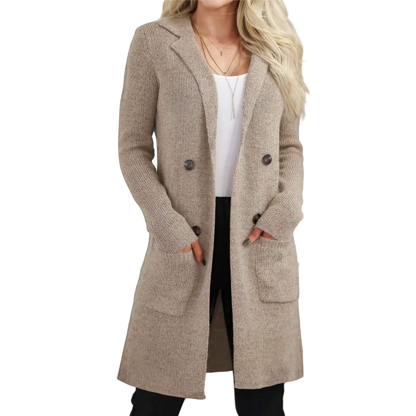 VIMPUNEC Women's Open Front Long Knit Fabric Cardigan, Loose Fit Fall Knitwear with Long Sleeves and Pockets, Long Sleeve, Breathable