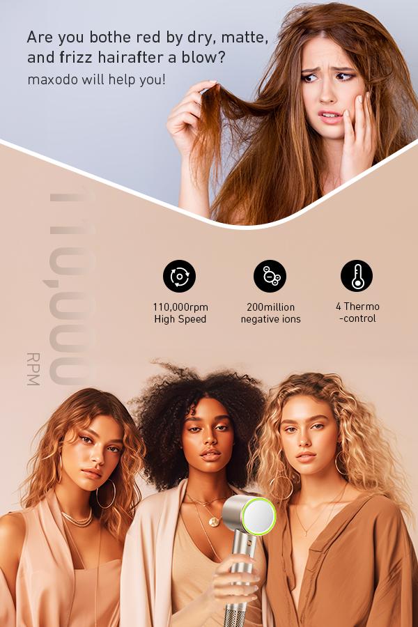 Maxodo 1400W High-Speed Hair Dryer with Ion Technology & Brushless Motor for Salon-Quality Drying 110,000 rpm 200 Million Ions Healthy Shine 360° Diffusers