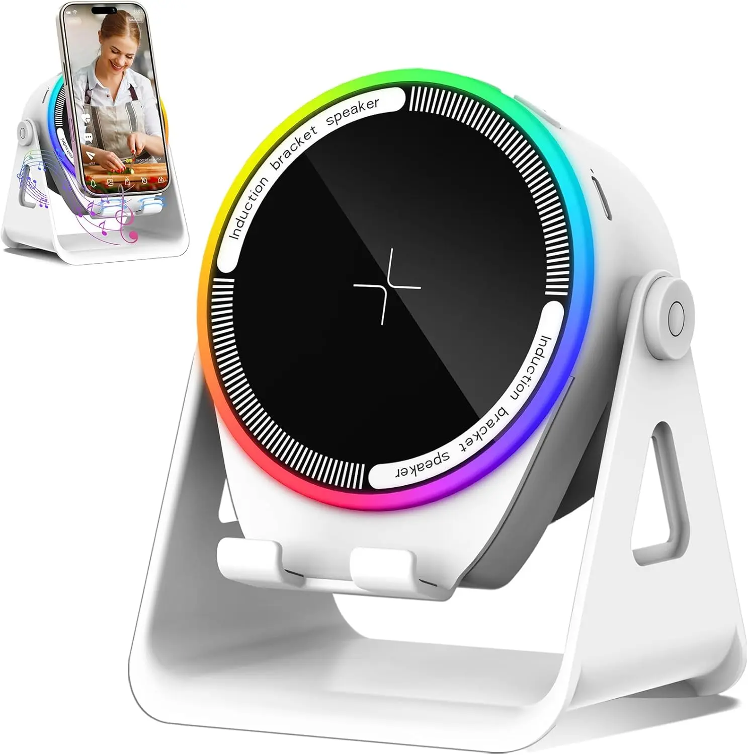 Wireless Induction Audio Bluetooth Speaker, 4 in 1 Phone Speaker Amplifier Phone Stand with RGB Light and Adjustable Phone Holder for Tablet iPhone Android, Uqique Birthday Gift for Men Women Teens